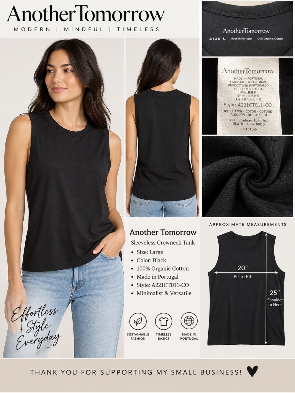 Another Tomorrow Organic Cotton Sleeveless Tank Top Black Size L Made Portugal